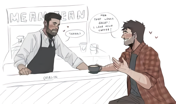 Wade and Stone chatting at a cafe